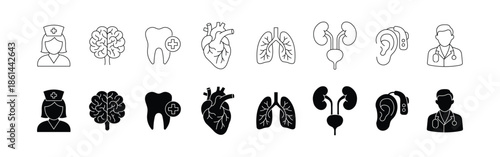 Human organ anatomy icon set. Medical and health care icon collection of brain, heart, lungs, stomach and kidneys. Vector illustration.