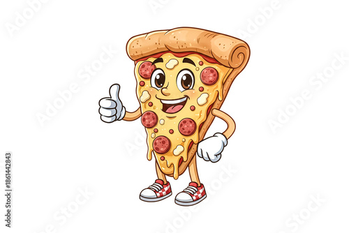 Happy pepperoni pizza slice cartoon character mascot