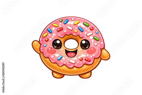 Cute pink donut character with colorful sprinkles waving