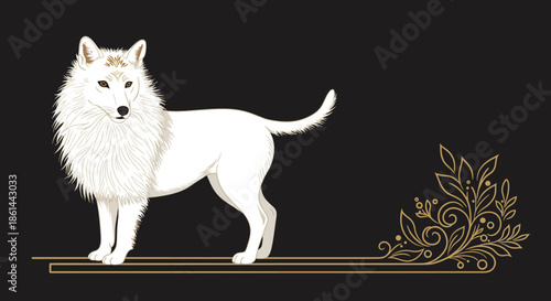 Elegant White Wolf Illustration with Ornate Golden Flourish and Dark Background