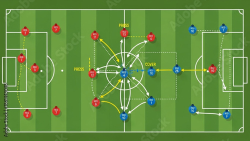 Soccer teams strategize on green field with tactical diagram