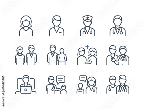 doctor and nurse line icons set, black vector illustrations, medical staff symbols, healthcare and hospital icons, editable strokes, flat minimal outline icons, isolated on white background for web.