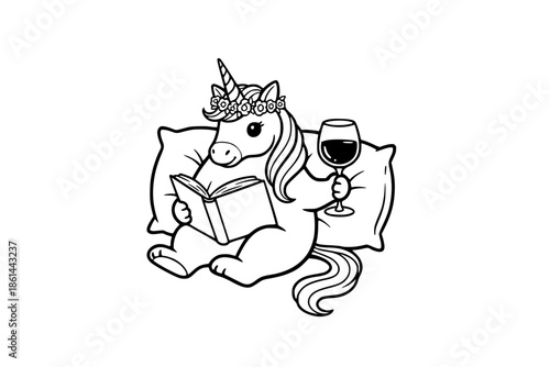 Hand-Drawn Unicorn with Wine and Book Illustration, Black and White Minimalist Magical Reading Vector Art generative ai 