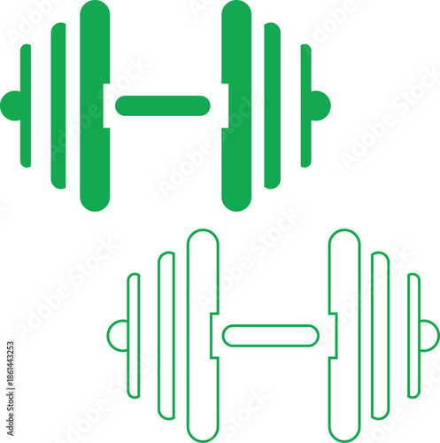 Green dumbbell icons in filled and outlined styles for fitness design