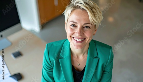 a smiling blonde woman with short hair wearing a green turquoise blazer jacket in the office, view from above
