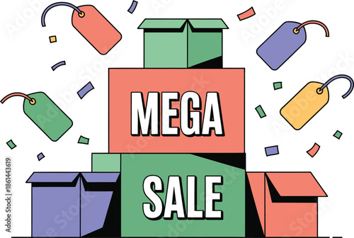 A vibrant illustration depicts a mega sale event with stacked boxes, falling confetti, and price tags, signifying a significant retail promotion.