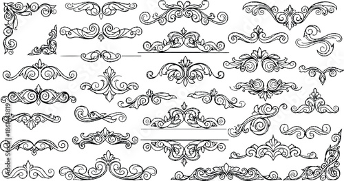 Set of decorative vintage design elements featuring calligraphic floral borders, ornate Victorian scrolls, and vector ornaments for elegant invitation page decoration