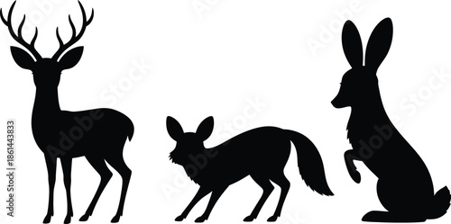 Silhouettes of a deer, a fennec fox, and a rabbit are displayed against a white background, representing diverse wildlife.