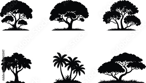 A collection of six distinct tree silhouettes is presented against a clean white background, showcasing diverse botanical forms for graphic design purposes.