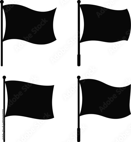 Four identical black flags flutter on their poles, creating a graphic pattern against a stark white background.