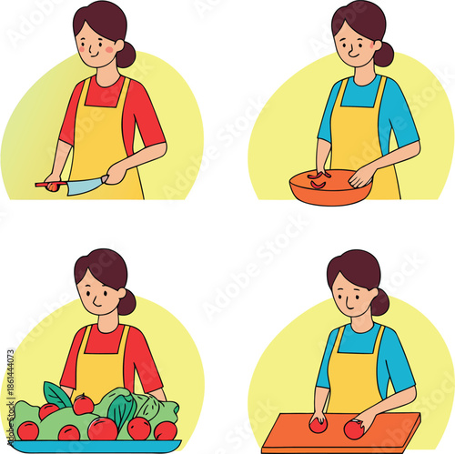 Woman in different positions while preparing and cutting vegetables for cooking in the kitchen