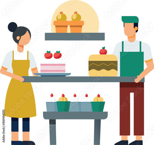 Baker and pastry chef displaying desserts on shelves in a bakery