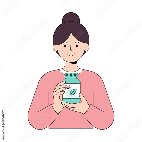 Woman smiling while holding multivitamins in a modern style  