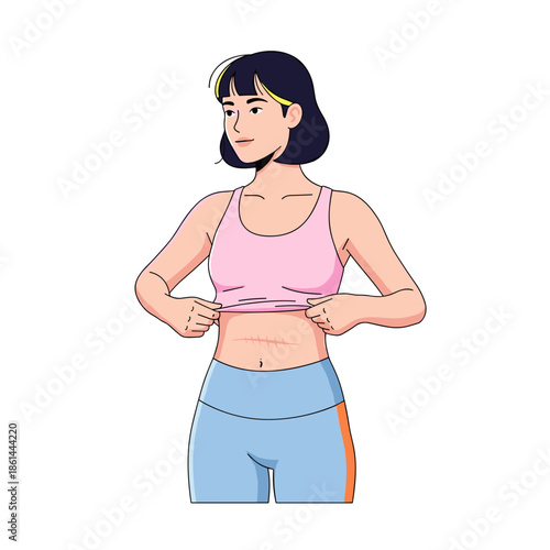 Young woman showing abdomen scar while wearing sportswear  