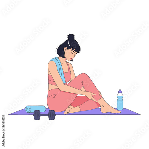 Young woman stretching legs while sitting on mat after workout  