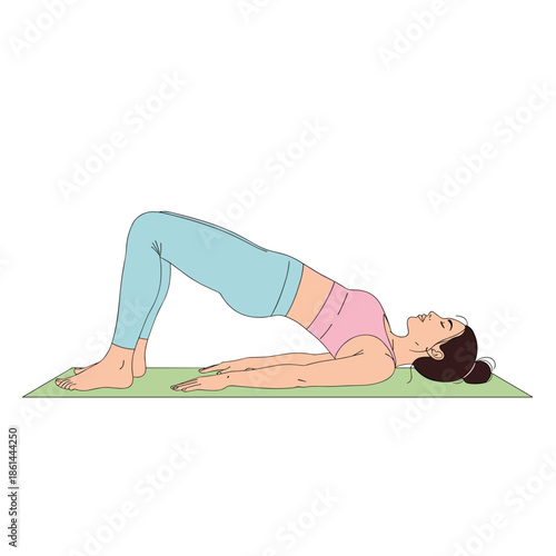 Young woman performing glute bridge exercise on yoga mat indoors  
