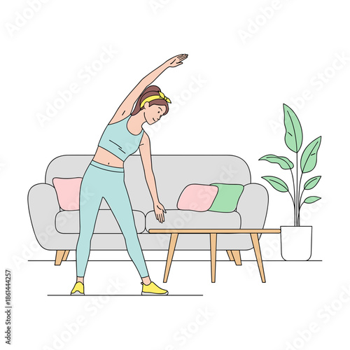 Young woman doing side stretch in living room with green plant  