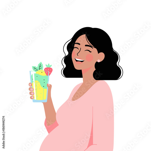 Pregnant woman smiling while holding refreshing smoothie in hand  