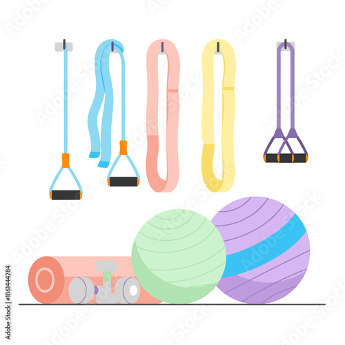 Exercise equipment for physiotherapy with bands and fitness balls  