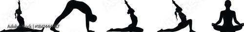 Silhouettes of individuals practicing various yoga poses, demonstrating flexibility, balance, and meditative states against a clean white background.