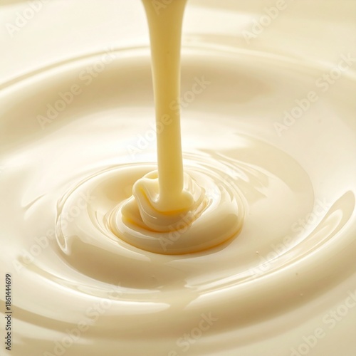 Wallpaper Mural Macro close-up of a thick, creamy white liquid being poured, creating elegant circular ripples. The smooth, glossy custard or sauce swirls in a soft, warm light, perfect for culinary concepts. Torontodigital.ca