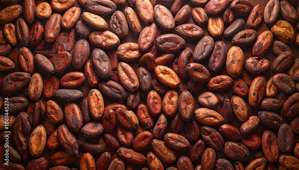 Naklejka premium Top-down view of roasted cocoa beans, showcasing their rich brown textures. This full-frame background highlights organic cacao seeds, the primary ingredient for making delicious chocolate.