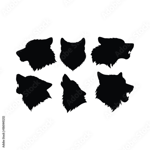 Set of howling wolf head silhouette vector flat illustration design. Beautiful wolf face.