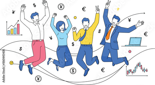 Happy business team jumping for joy celebrating financial success with stock market charts and global currency symbols vector.