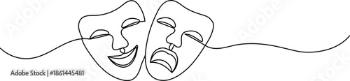 Minimalist Continuous Line Theatre Masks Illustration with Comedy and Tragedy Drama Faces on White Background