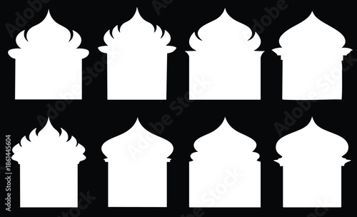 white silhouettes of various flame topped towers on black background