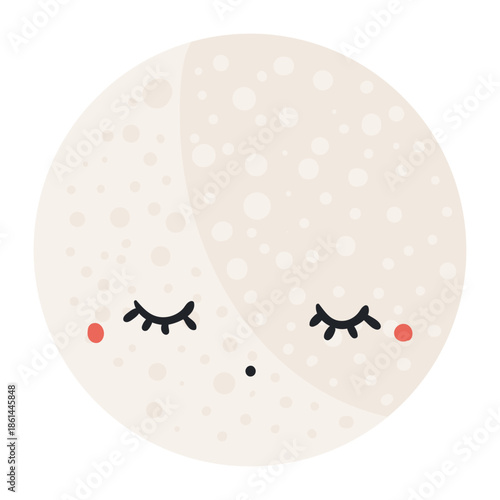 Full moon with kawaii face isolated on transparent. Hand drawn flat vector illustration. Cute cartoon character. Night, bed time, kid print, design element, clip art. Mid Autumn Festival holiday