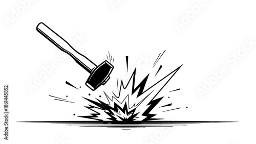 Black and white hammer striking impact with explosion effect on isolated white background.