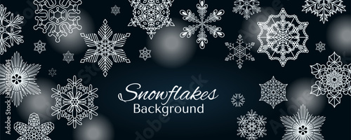 Snowflakes, white falling snow frame with copy space, border, background. Line drawing. Hand drawn vector illustration. Seasonal, winter design, blue backdrop, banner. Different shapes, ice crystals