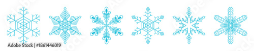 Snowflakes of different shapes collection, isolated on transparent background. Line drawing. Hand drawn vector illustration, editable stroke. Seasonal winter design element, falling snow clip art set