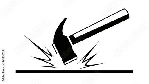 Black Hammer Striking Surface Icon with Sparks on Isolated White Background