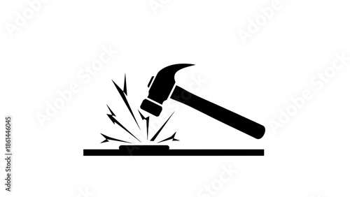 Black Hammer Striking Surface Icon with Sparks on Isolated White Background