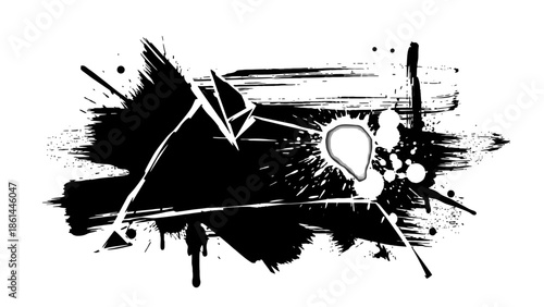 Abstract Black Grunge Ink Splash with Light Bulb Outline on Isolated White Background