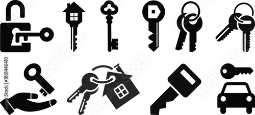 Antique key silhouettes. Medieval and modern keys, black vintage shapes set. Open door symbols,privacy and escape. Abstract tidy vector elements Mixed Keys Silhouettes and Keys black white vector icon