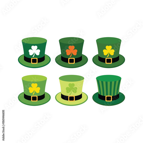 Green hats with shamrocks and black bands gold buckles various color hats isolated on white background.