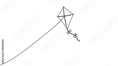 Simple black and white line drawing of a diamondshaped kite flying on a string against a plain white background