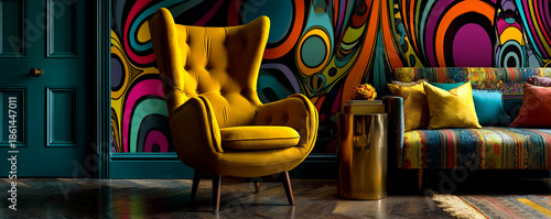 retro interior with armchair and bold wall design, vintage living room armchair with psychedelic wall, midcentury modern armchair in colorful interior