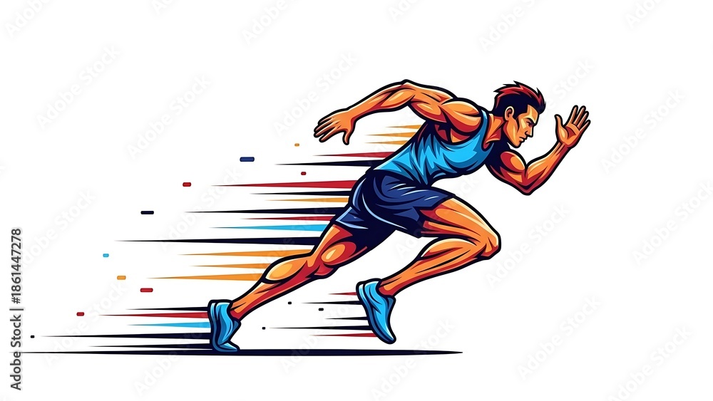 Fototapeta premium Muscular man running fast with colorful motion lines behind him