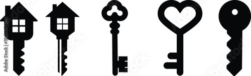 Antique key silhouettes. Medieval and modern keys, black vintage shapes set. Open door symbols,privacy and escape. Abstract tidy vector elements Mixed Keys Silhouettes and Keys black white vector icon