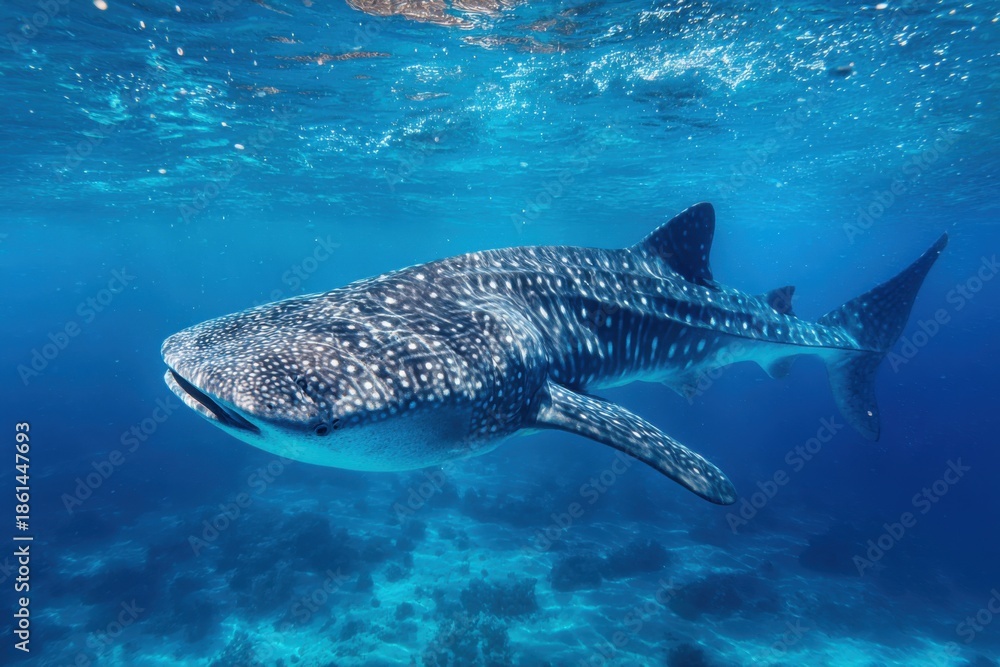 Naklejka premium Adult sized whaleshark Rhincodon typus gracefully swimming in clear tropical waters near coral reef during a sunny day