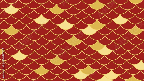 Seamless Traditional Gold Fish Scale Pattern on Auspicious Red Background