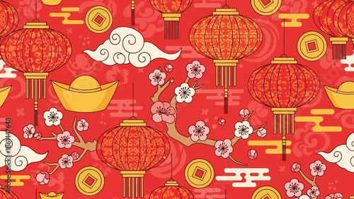 Seamless Festive Chinese New Year Pattern with Lanterns, Cherry Blossoms, Gold Ingots, Coins and Clouds on Red Background
