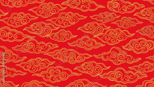 Seamless Traditional Golden Cloud Pattern on Auspicious Red Background for Chinese New Year