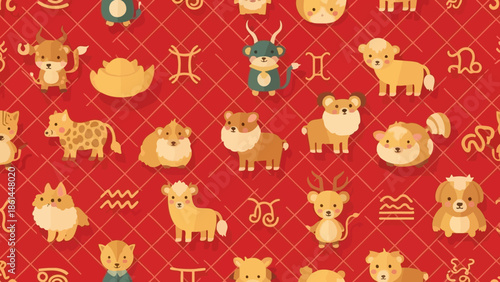 Cute Seamless Pattern with Chinese Zodiac Animals, Gold Ingots, and Astrology Symbols on Red Background