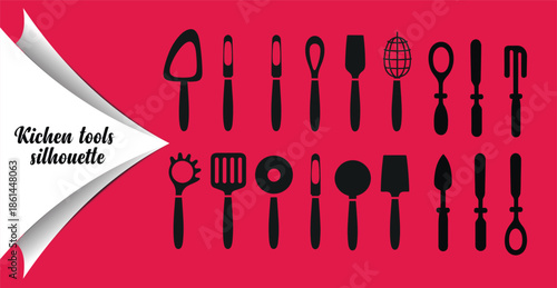 Kitchen Utensils Silhouette Collection on Red Background