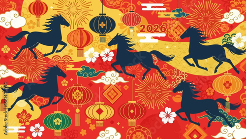 Vibrant Chinese New Year Seamless Pattern with Running Horses, Lanterns, Clouds, and Firecrackers on Red Background